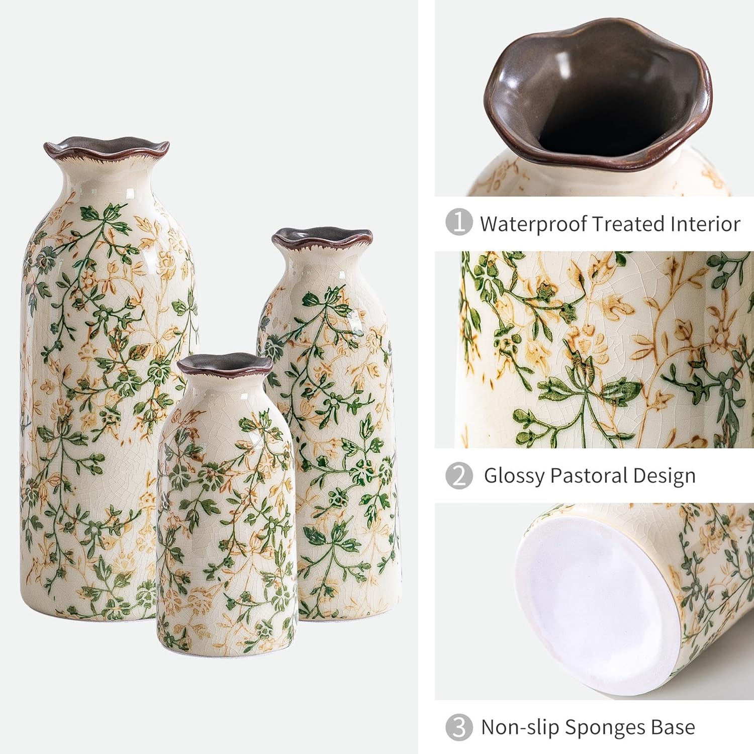 Ceramic Vase Set of 3, Vintage Green and Beige Vases Set, Flower Rustic Chinoiserie Vases Floral Grand Millennial Farmhouse Decor Vase for Home Decor, Living Room, Kitchen, Bedroom, Bookshelf-VerdiqueGarden