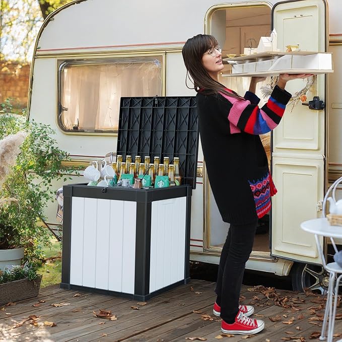 50 Gallon Resin Deck Box, Lockable Outdoor Storage Box for Patio Cushions Storage Furniture,Garden Tools, Pool Supplies, Weatherproof and UV Resistant (Black&White)-VerdiqueGarden