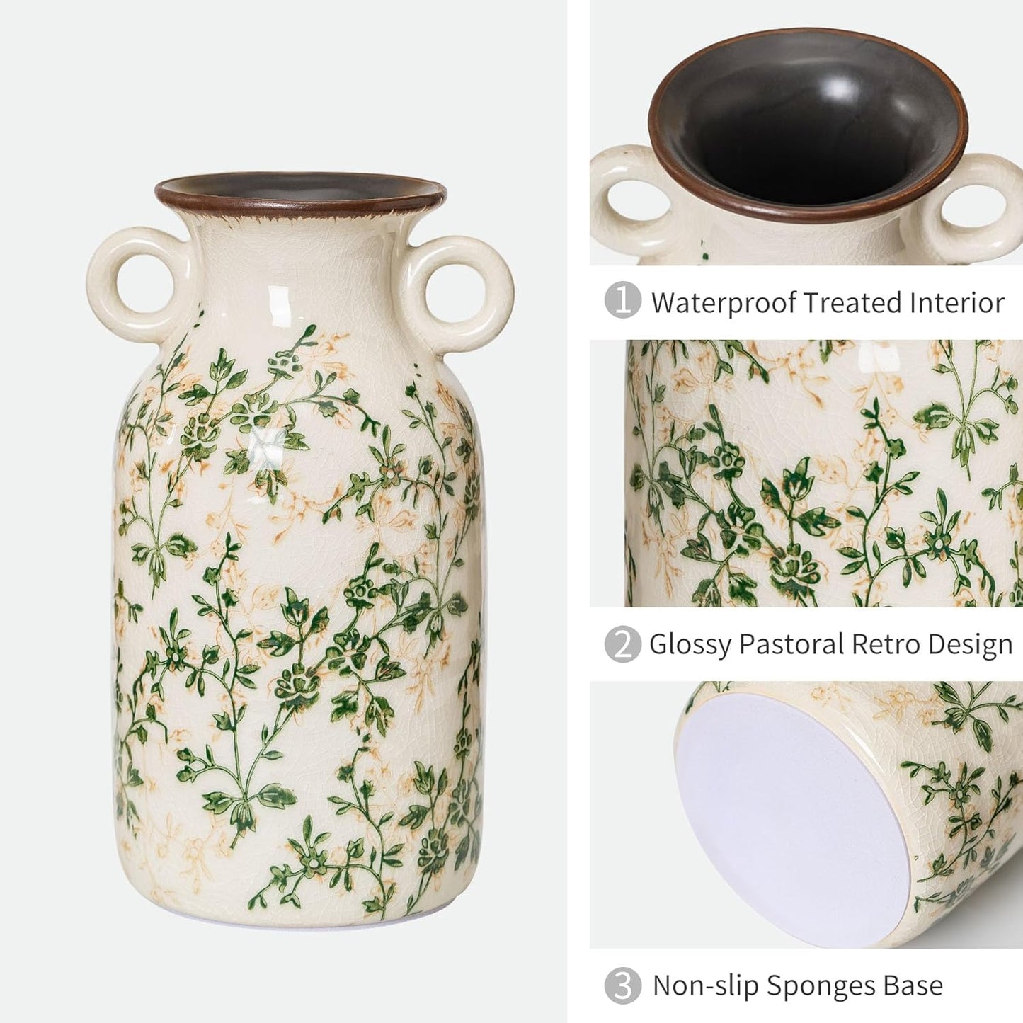 Vintage Pastoral Vase with Handles, Green and Beige Retro Ceramic Flower Vase, Rustic Farmhouse Vases Chinoiserie Floral Large Vase for Home Decor, Living Room, Kitchen, Bedroom and Shelf 9.1 Inch-VerdiqueGarden