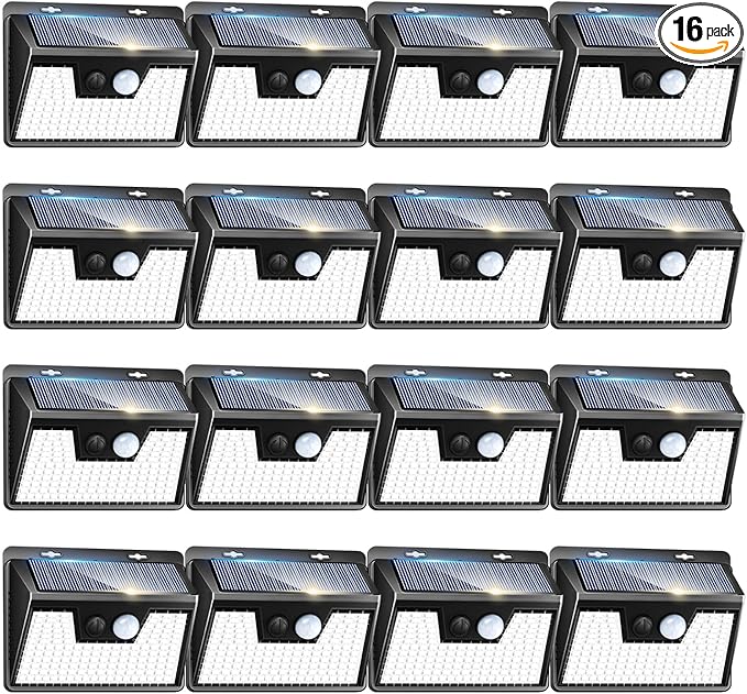 Peasur Solar Powered Lights Outdoor, 140LED 16Pack Motion Sensor Light Outside, IP65 Waterproof Fence Security Lighting with 3 Modes for Yard Wall Garden Cool White-VerdiqueGarden