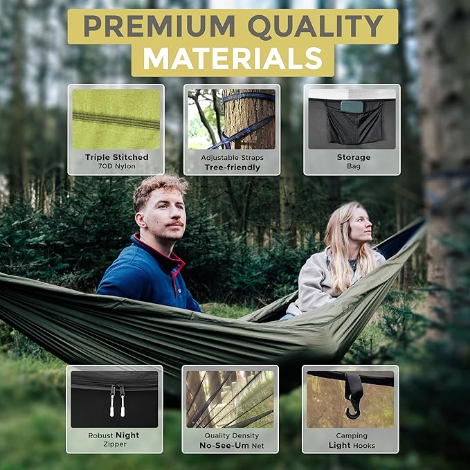 Miztli Camping Hammock -Portable Hammock w/Spacious Net & Tree Straps w/Adjustable Loops, Double and Single Hammock for Outdoor, Indoor, Hiking and Travel-VerdiqueGarden
