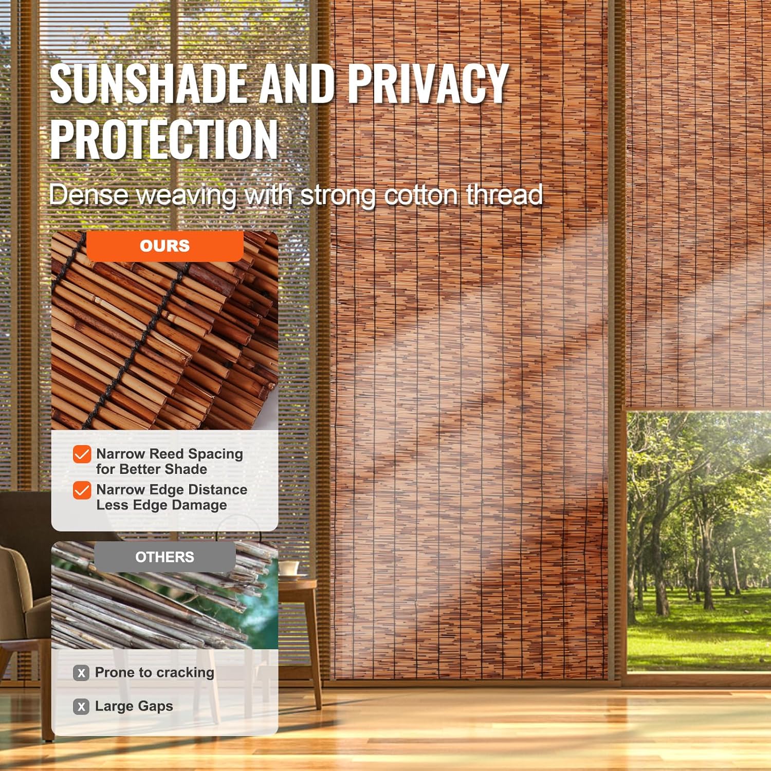 VEVOR Natural Reed Fencing, 3.3 ft x 13.3 ft, Reed Screen Curtain Balcony Reed Fence Roll for Outdoor Backyard Patio, Decorative Fence for Backyard Garden Fencing Divider, Privacy Screen Panel, Brown-VerdiqueGarden