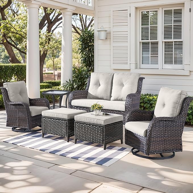 Outdoor Wicker Patio Furniture Set - 6 Piece Rattan Patio Conversation Set with 2 Rocking Swivel Chairs,2 Ottomans,1 Loveseat and 1 Side Table for Porch Deck Backyard Garden(Brown/Beige)-VerdiqueGarden