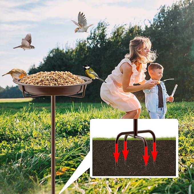 Metal Bird Bath for Outside, 36.2" Height Birdbath Bowl Standing Bird Feeders for Outdoors with 4 Prongs Base Stake, Freestanding Birdfeeders for Garden Yard Lawn Decor (Brown)-VerdiqueGarden