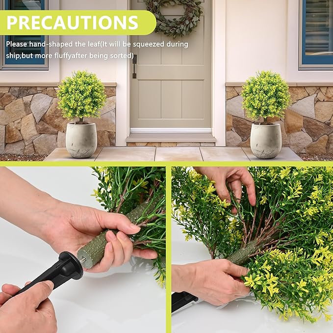 28" Artificial Boxwood Topiary Tree Yellow– UV Resistant Outdoor Faux Topiary Plant, Realistic Fake Topiary Bush for Porch, Patio, Front Door, Fake Evergreen Tree Home Decor-VerdiqueGarden