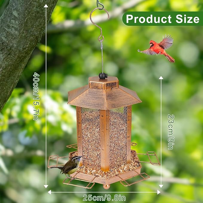 Lantern-Shaped Metal Bird Feeder for Outdoor Hanging, 3.5LB Large Capacity, Garden Decoration - Attracts Wild Birds, Durable Outdoor Bird Feeding Station for Garden Yard Outside Backyard-VerdiqueGarden
