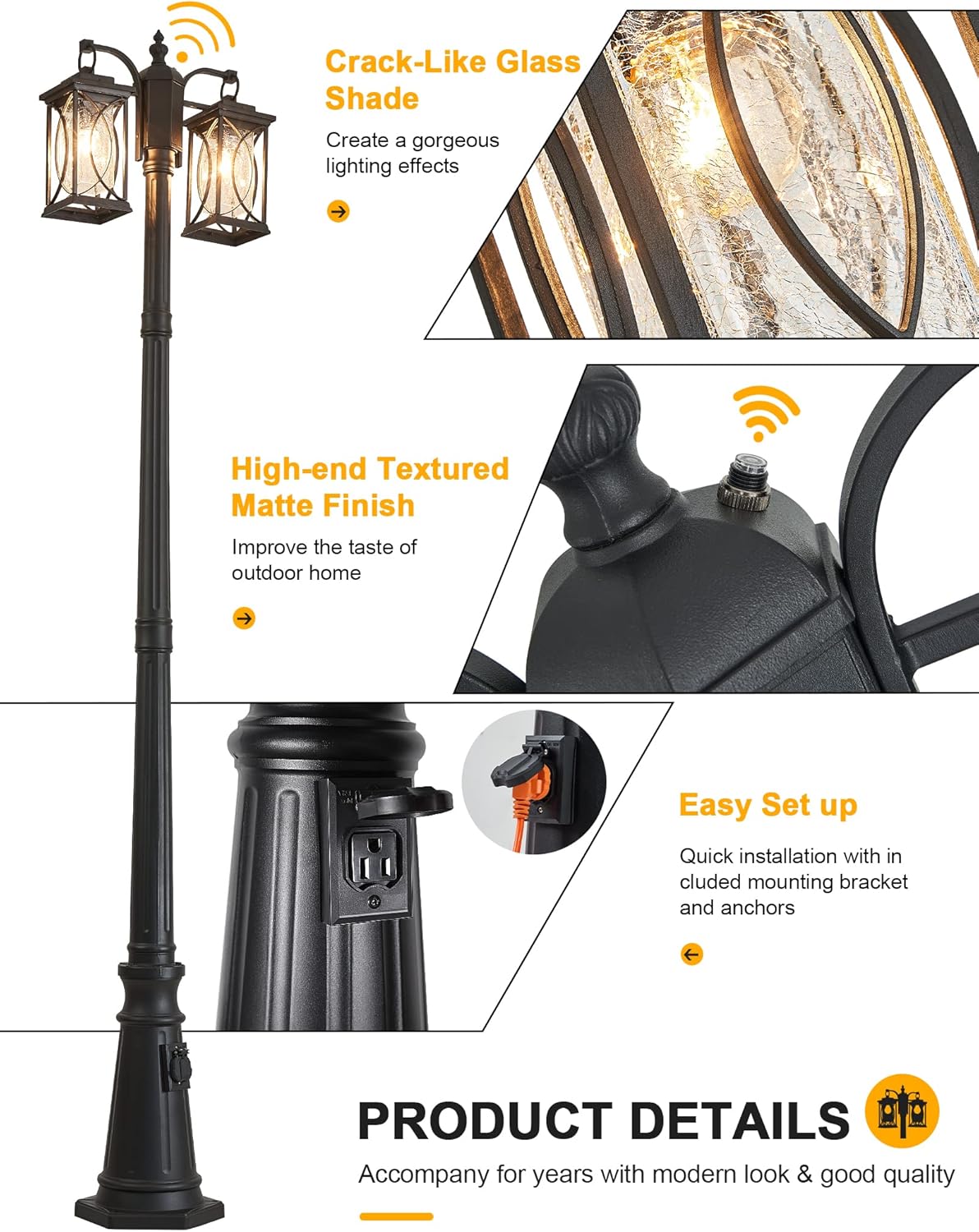 Dusk to Dawn Outdoor Lamp Post Light Modern 2-Head Street Pole Light Fixtures with Outlet, Waterproof Black Outside Street Light Electric Lantern for Backyard, Garden Patio Driveway-VerdiqueGarden