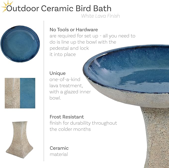 Sunnydaze Ceramic Bird Bath for Outside - 16" H - UV- and Frost-Resistant - Pedestal Bird Bath - Blue Glazed Bowl - White Lava Finish-VerdiqueGarden