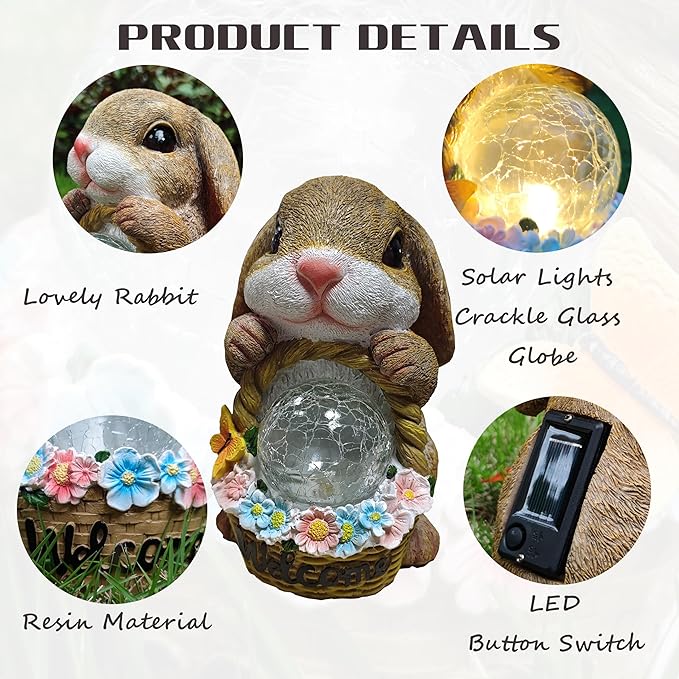 Solar Rabbit Garden Outdoor Statues,Resin Rabbit Figurine Carrying Flower Basket and Magic Orb with Solar LED Lights, Lawn Decor Outdoor Statue for Patio, Balcony, Yard Ornament-VerdiqueGarden