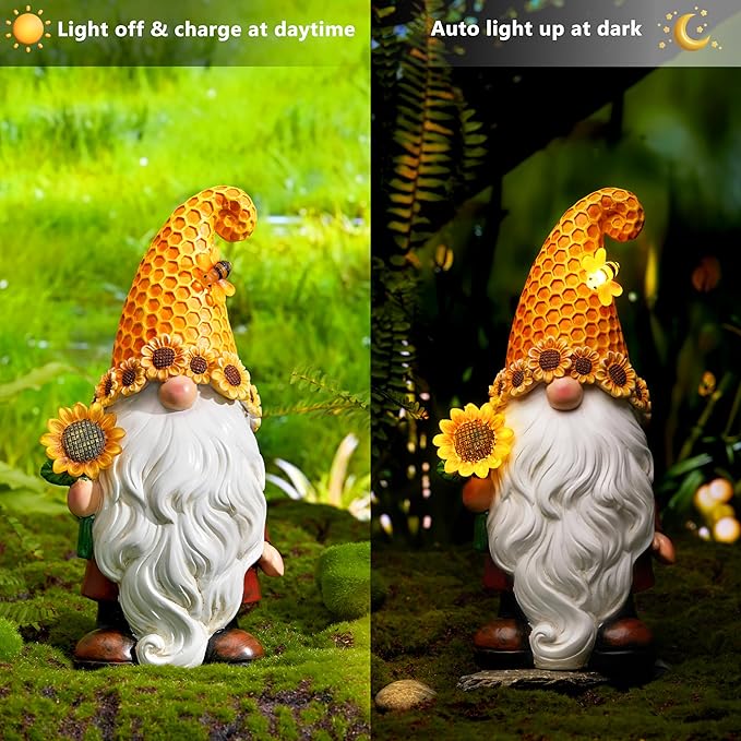 Garden Gnomes Outdoor - Sunflower Gnome Statue with Solar LED Lights for Yard, Patio, Lawn Ornaments - Best Garden Gifts for Mothers Day, Housewarming, Festival-VerdiqueGarden