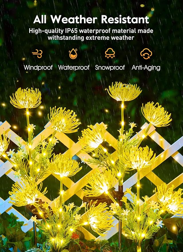 Brightown Outdoor Solar Garden Lights - 4 Pack LED Solar Flower Lights with Glowing Flowers & Stems, More Realistic, Bigger Solar Panel, Waterproof Solar Lights for Outside Yard Patio Home, Yellow-VerdiqueGarden