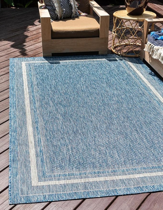 Unique Loom Outdoor Border Collection Area Rug - Soft Border (5' 3" x 7' 1" Rectangle Blue/Ivory)-VerdiqueGarden