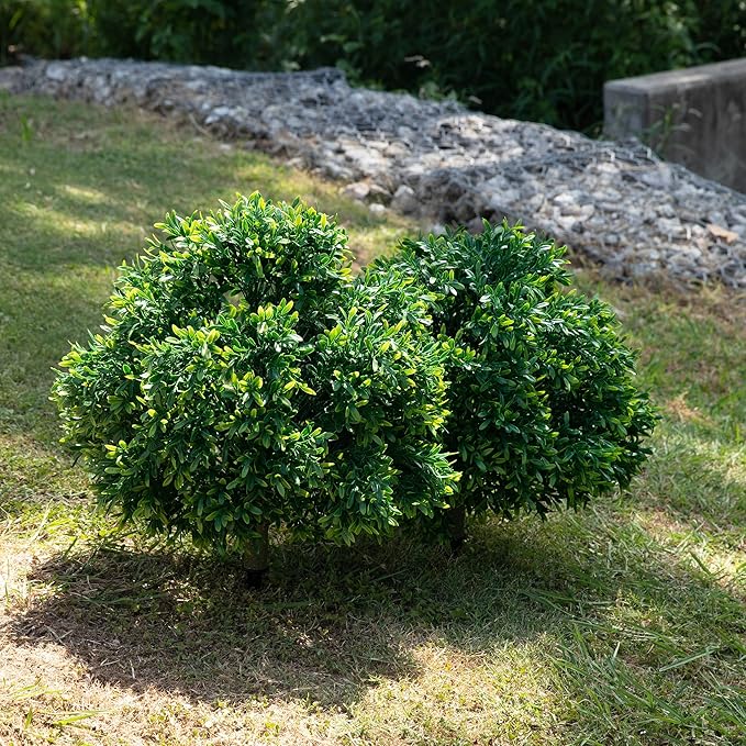 Premium 16" Diameter Artificial Japanese Boxwood Topiary – Set of 2 Faux Plants with Ground Spikes – UV-Resistant, Realistic Outdoor & Indoor Garden Décor – Weatherproof and Durable-VerdiqueGarden