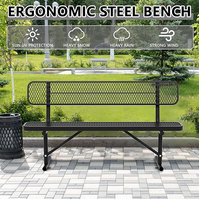 6 FT Heavy Duty Park Bench, Outdoor Metal Black Bench with Back-Commercial Steel Benches for Outside, 2-4 Person Seat-Garden Benches with Portable Frame for Outdoors-VerdiqueGarden