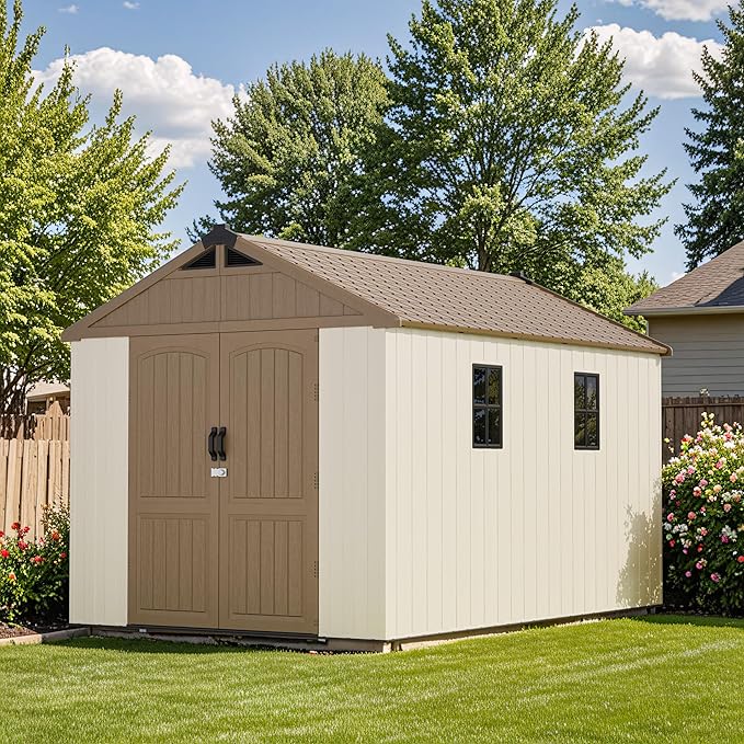 Patiowell 8 x 12 FT Plastic Outdoor Storage Shed with Floor, Resin Shed with Window and Lockable Door for Garden, Backyard, Tool Storage Use, Easy to Install in Brown (Kick-it Shed)-VerdiqueGarden