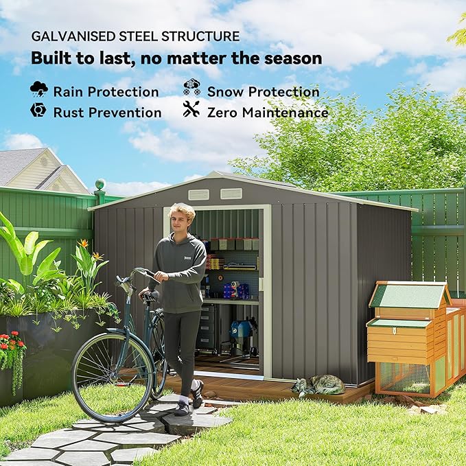 Outsunny 9' x 6' Outdoor Storage Shed, Garden Tool Metal Shed with Foundation Kit, Double Lockable Door, Air Vents and Sloping Roof, for Backyard, Patio, Lawn, Gray-VerdiqueGarden