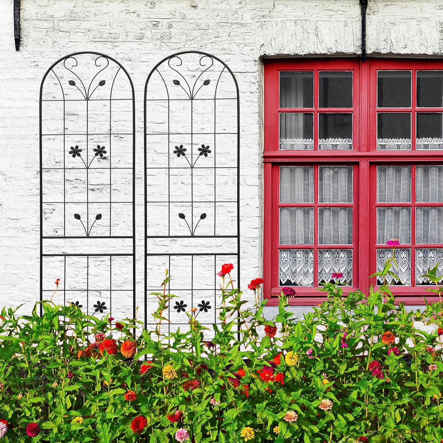4 Pack Metal Garden Trellis 86.7" Tall Outdoor Climbing Plant Support for Roses, Flowers, Rustproof Durable Black Galvanized Tube, Lawn Garden Fence Decor Screen (4, Daisy-86.7" H)-VerdiqueGarden