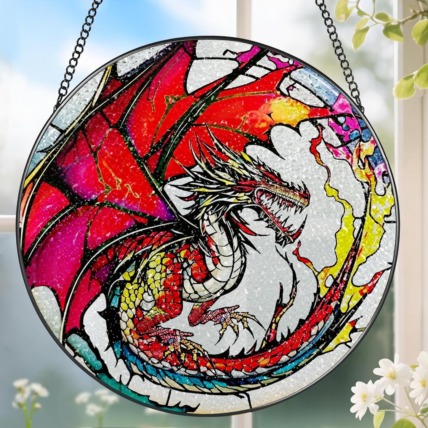 Stained Glass Window Hanging, Stained Glass Suncatcher, Dragon Sun Catcher, Window Hanging Decor, Dragon Gift, Gifts for Fathers Day, Christmas or Birthday Gift, Gifts for Him Dad Grandfather Son-VerdiqueGarden