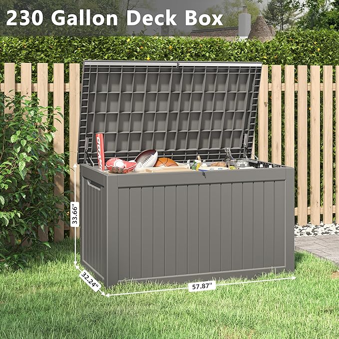 KAMABOKO 230 Gallon Outdoor Storage Box, Resin Deck Boxes Indoor and outdoor, Waterproof Storage Box Lockable Lid for Garden Tools, Package Delivery, Patio Cushions, Grey-VerdiqueGarden