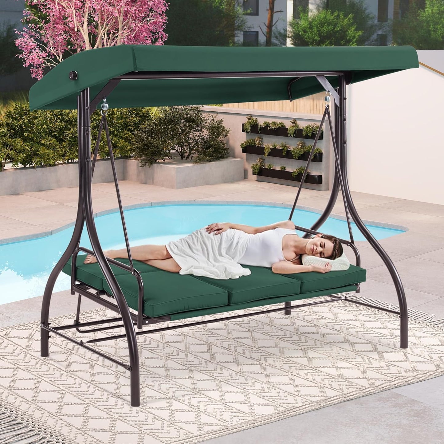 MCombo 3-Seat Outdoor Patio Swing Chair, 2-in-1 Convertible Porch Swing Glider Chair with Removable Cushions, Adjustable Canopy & Pillows for Backyard, Deck, Garden, 4068 (Green)-VerdiqueGarden