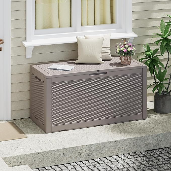 NUNU LAB 102 Gallon Large Waterproof Resin Deck Box, Lockable Outdoor Storage Box with Gas Lift, Patio Cushions, Garden Tools, Pool Supplies, Indoor Outdoor Storage Container, Grey-VerdiqueGarden
