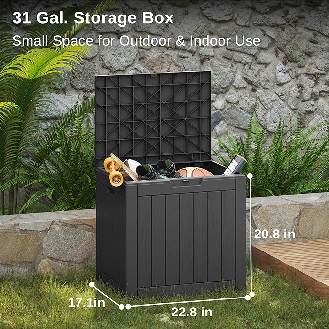 EAST OAK Outdoor Storage Box, 31 Gallon Deck Box, Waterproof Resin Storage Bin for Patio Cushions, Gardening Tools, Accessories, Lockable, UV Resistant, Black-VerdiqueGarden