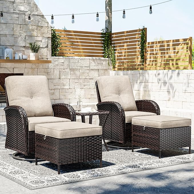Joyside 5 Piece Patio Furniture Set, Outdoor Swivel Chair Sets with Thick Cushion and Ottoman, Wicker Patio Conversation Set for Porch, Deck Use (Brown/Beige, 5 PCS)-VerdiqueGarden