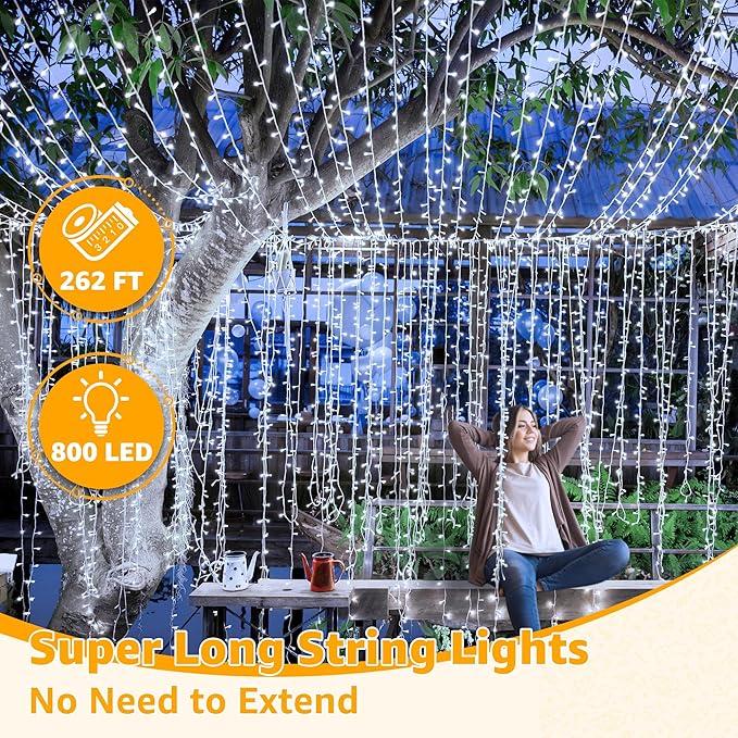 Ollny Outdoor String Lights 800LED 262FT, Cool White Waterproof Fairy Light with Remote Plug in, 8 Modes Timers Dimmable Christmas Lights for Outside Indoor Bedroom Patio Camping Garden-VerdiqueGarden