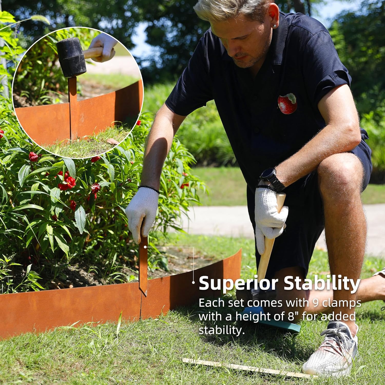 Solution4Patio 8-Pack Corten Steel Garden Landscape Edging with 9X Clips, 8" H Hammer-in Heavy Duty Bendable Metal Pre-Rusted Border Edging Strips, 26ft Total for Lawns, Pathways, Firepits, Gardens-VerdiqueGarden