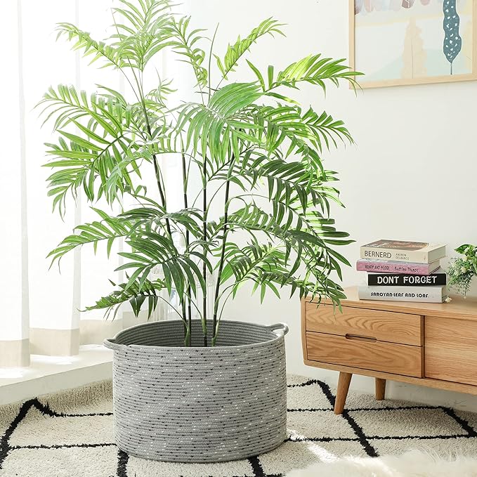 KAKAMAY Large Blanket Basket (20"x13"),Woven Baskets for storage Baby Laundry Hamper, Cotton Rope Blanket Basket for Living Room, Laundry, Nursery, Pillows, Grey with Blue & Brown Dotted-VerdiqueGarden