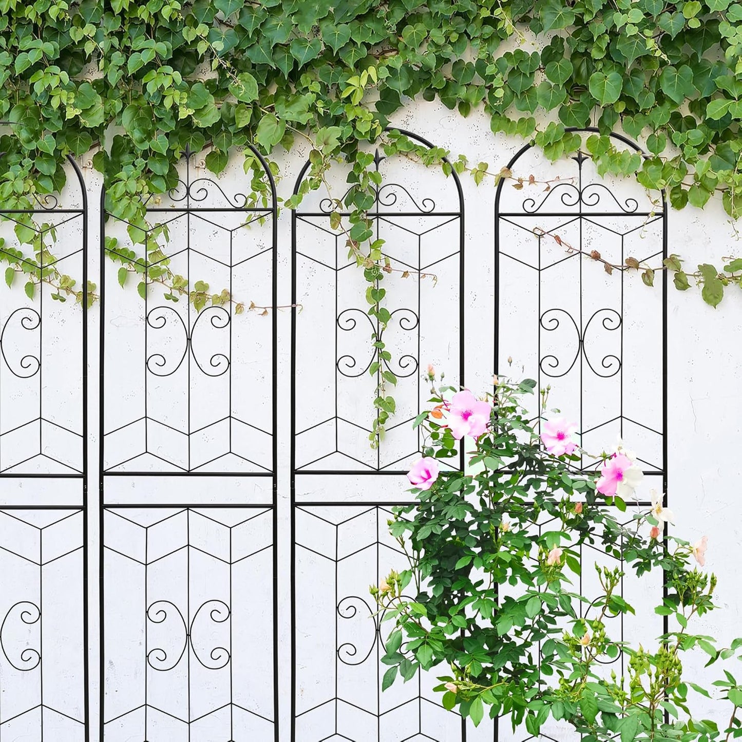 4 Pack Metal Garden Trellis 86.7" Tall Outdoor Climbing Plant Support for Roses, Flowers, Rustproof Durable Black Galvanized Tube, Lawn Garden Fence Decor Screen (4, Castle-86.7" H)-VerdiqueGarden