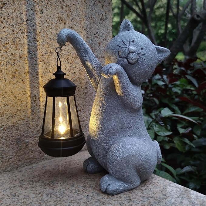 Cat Solar Garden Statues,Resin Cat Figurine Decorations with Solar Lights Lantern, Outdoor，Statue Decor Art for Lawn,Yard,Unique Housewarming Gift for Garden Home-VerdiqueGarden