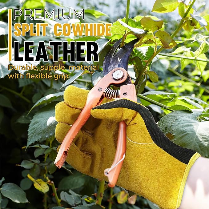HANDLANDY Leather Work Gloves for Men & Women, Reinforced Durable Garden Gloves, Cowhide Working Glove for Gardening-VerdiqueGarden