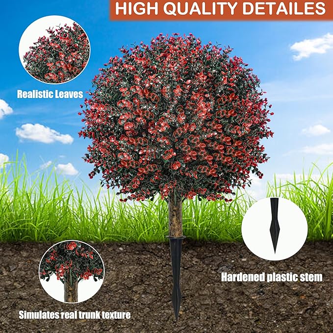 Fall Artificial Boxwood Topiary Ball Tree Bushes with Ground Spike, Set of 2 Outdoor Faux Shrub Topiary Ball, 24" UV Resistant Fake Boxwood Plants for Potted Planter,Indoor,Autumn-VerdiqueGarden