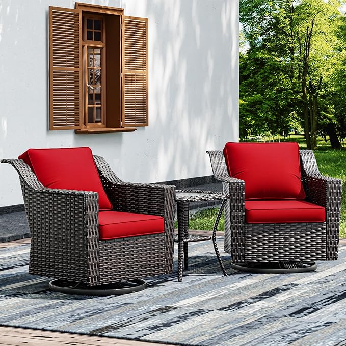 Joyside Wicker Patio Furniture Sets, 3 Pieces Upgraded Large Size Outdoor Furniture with 2 Patio Swivel Chairs and 1 Side Table, Thick Cushions, Wide Armrest-VerdiqueGarden