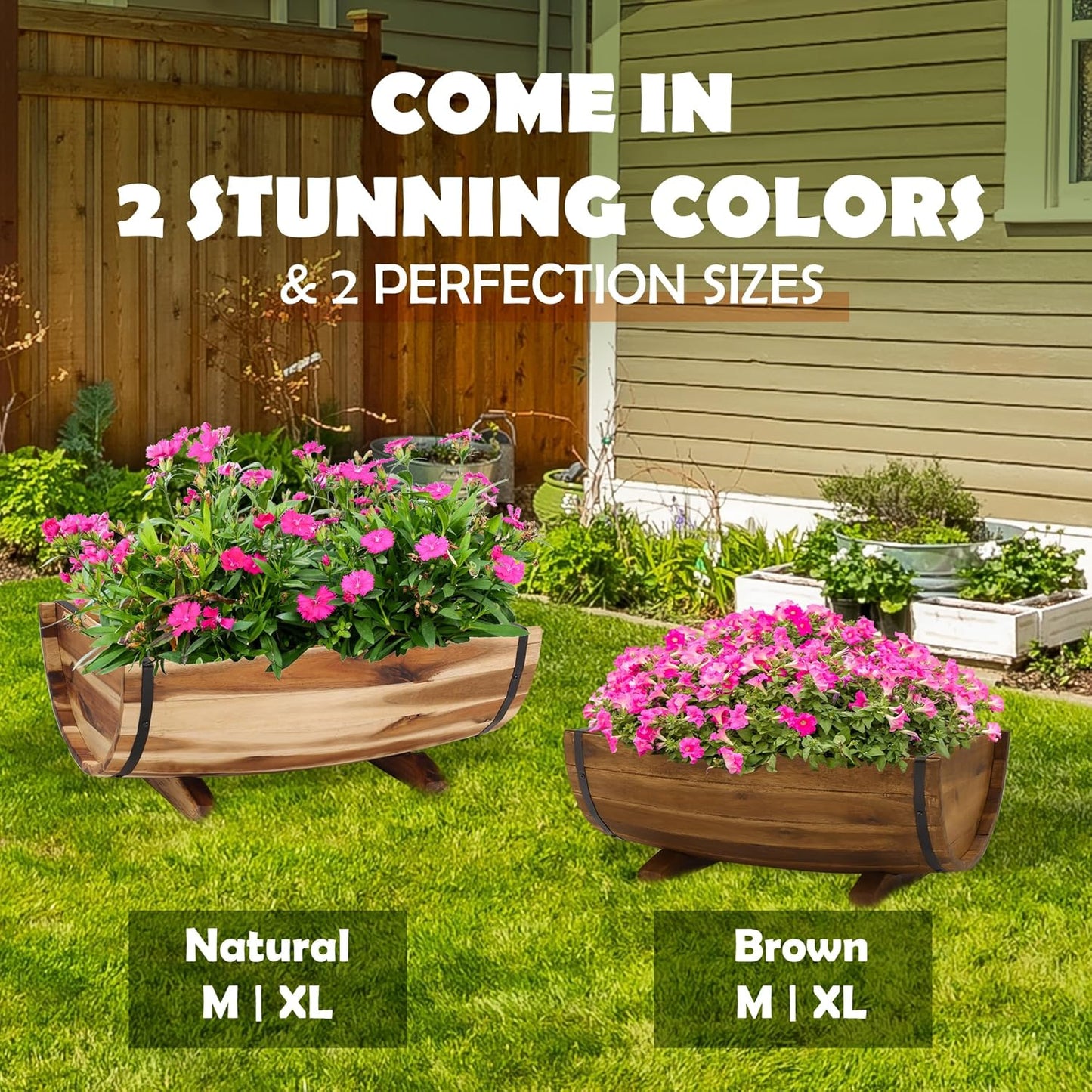 IDZO Solid Acacia Wood Half Barrel Planters Outdoor Set of 2 Different Sizes, Wooden Planters for Outdoor Plants with Metal Bands & Drainage Holes, Legs Included, Brown-VerdiqueGarden