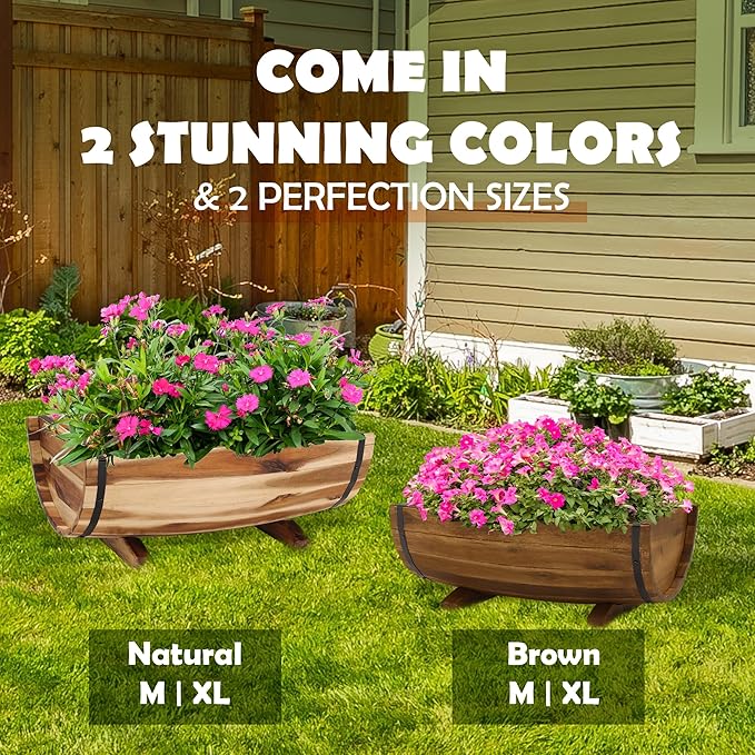 IDZO Solid Acacia Wood Half Barrel Planters Outdoor Set of 2 Different Sizes, Wooden Planters for Outdoor Plants with Metal Bands & Drainage Holes, Legs Included, Brown-VerdiqueGarden