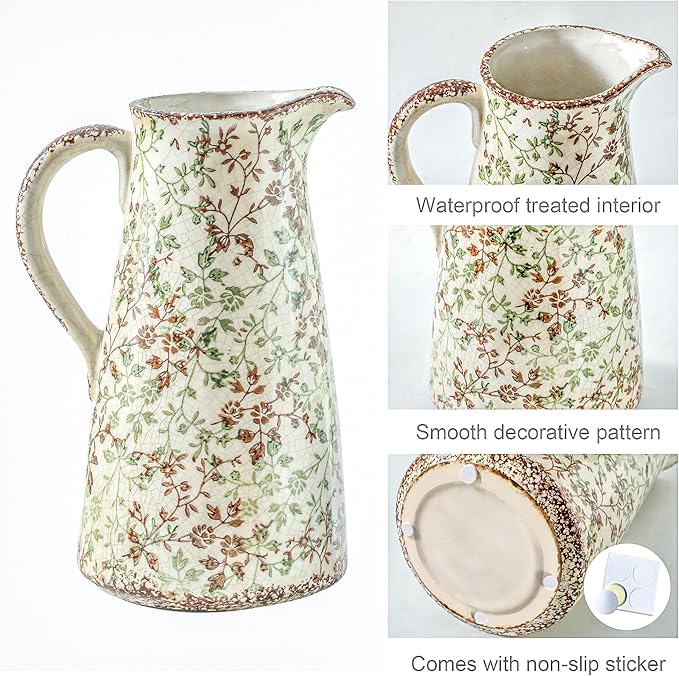Enra Pitcher vase with Handle,12.2 in Ceramic Vintage Chinoiserie Floral Vase,Green and Beige Decorative Flower vase,Large Rustic Vases for Home Decors, Living Room, Bookshelf, Office-VerdiqueGarden