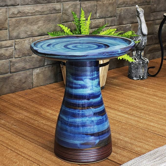 Sunnydaze 21" H Ceramic Bird Bath for Outside - Hand-Painted Outdoor Bird Bath Bowl, UV/Frost-Resistant Finish - Galaxy Blue - Ribbed Pedestal-VerdiqueGarden