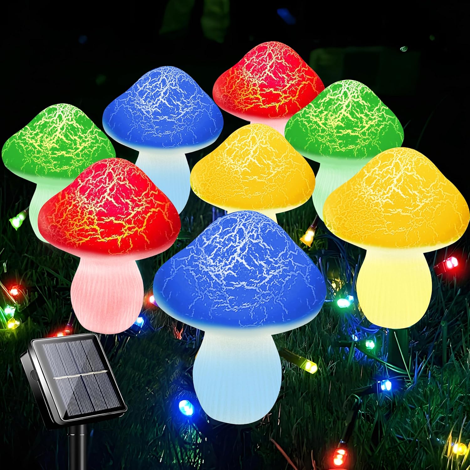 Mushroom Solar Lights Outdoor Decor - 8 Pack 50 LED Crackle Mushroom Lights, 23ft Solar Powered Fairy String Light with 8 Modes, Waterproof for Outside Garden Yard Patio Pathway, Colorful-VerdiqueGarden