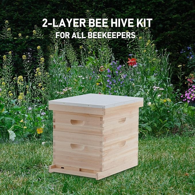 CREWORKS Bee Hive Boxes 10 Frame Langstroth Beehive, Bee Keeping Starter Kit Includes 1 Super Bee Box & 1 Bee Brood Box with Beehive Frames and Foundation, 2 Layers Complete Bee Hive Kit-VerdiqueGarden