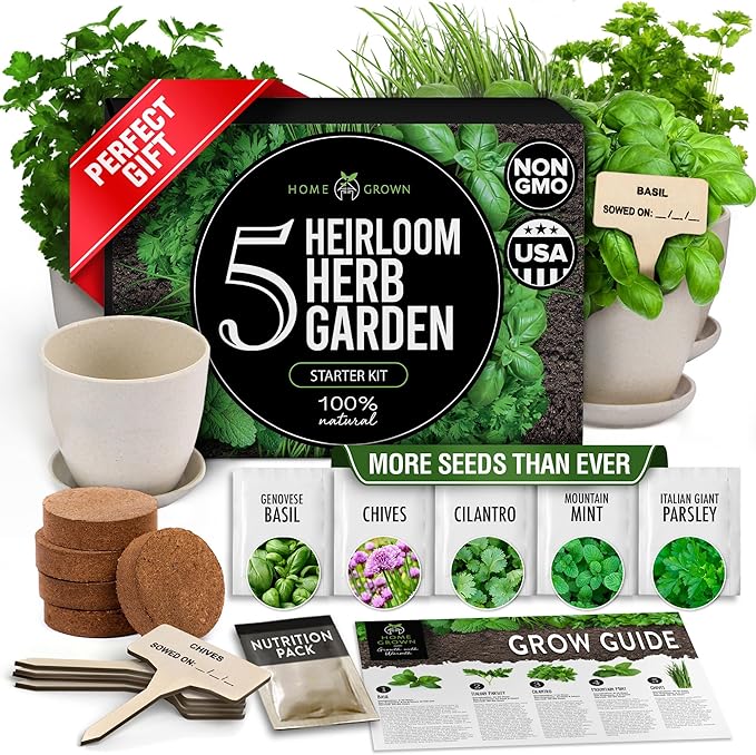 HOME GROWN Indoor Herb Garden Starter Kit - Christmas Gift for Gardeners - Complete 5 Herb Plant Grow Kit - Unique Gift for Mom, Women, Her, Men - Birthday Gift-VerdiqueGarden