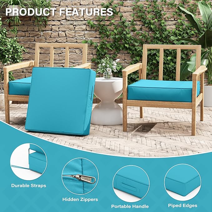 Patio Chair Cushions 24 X 24 X 5 Inch Waterproof Outdoor Seat Cushions for Patio Furniture, Outdoor Sofa Couch Pads with Ties & Handle, Set of 2, Lake Blue-VerdiqueGarden