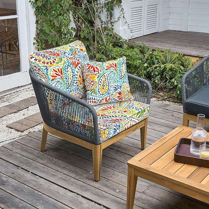 LVTXIII Outdoor Deep Seat Cushion 24"x24"x4" Patio Seat and Back Cushion Set Seasonal Chair Cushion for Dining Arm Chairs, Wicker Chairs and Garden Furniture Decoration, Paisley Multi-VerdiqueGarden