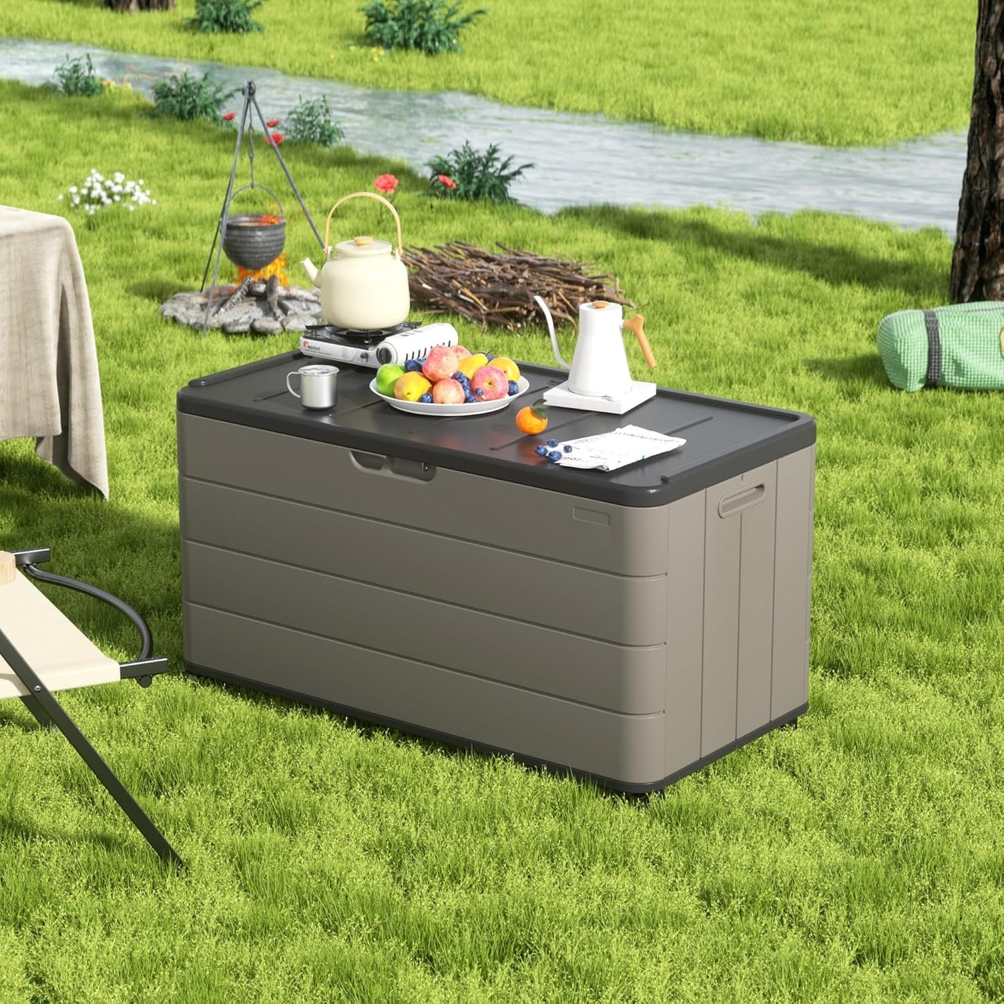 100GAL Brown Wicker-Textured Deck Box with Wheels – Lockable, Waterproof, UV-Resistant, Spacious Storage for Patio & Garden Supplies, Easy Handling-VerdiqueGarden