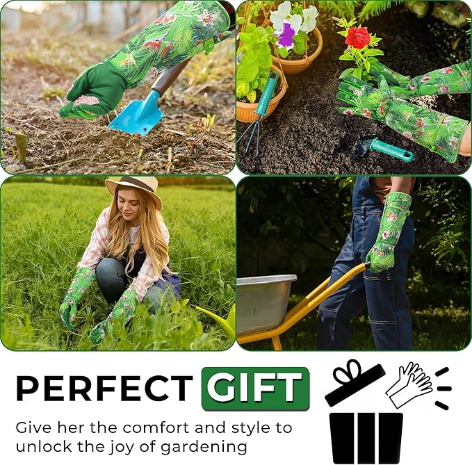 HANDLANDY Women Gardening Gloves, Thorn Proof Breathable Ladies Rose Pruning Long Gauntlet Floral Print Garden Yard Gloves, Gift for Gardeners (Green, M)-VerdiqueGarden
