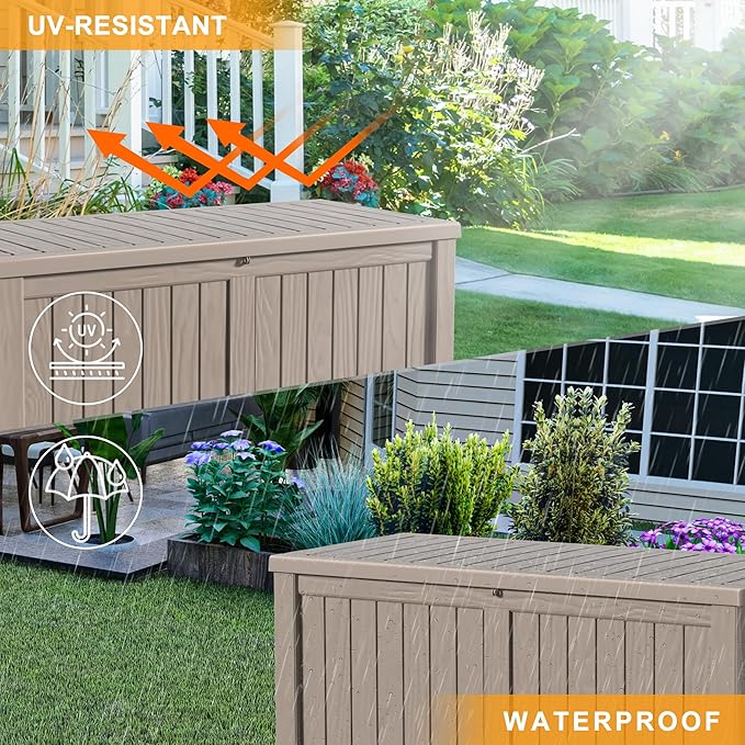 120 Gallon Outdoor Deck Box,Storage Lockable Waterproof Patio Furniture,Garden Tools,Cushions,Pool Accessories Outside Storage Resin Box(Grey)-VerdiqueGarden