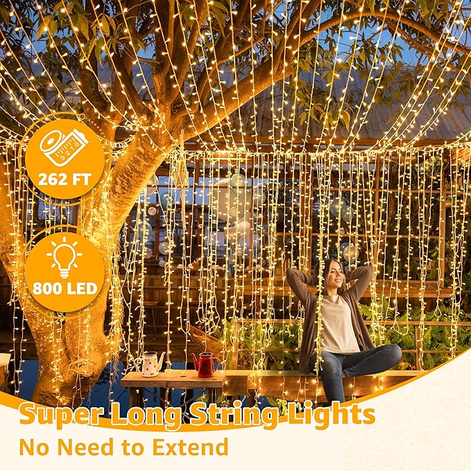 Ollny Outdoor String Lights 800LED 262FT, Warm White Waterproof Fairy Light with Remote Plug in, 8 Modes Timers Dimmable Christmas Lights for Outside Indoor Bedroom Patio Camping Garden-VerdiqueGarden