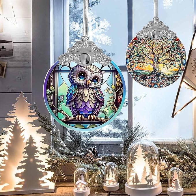 Owl Stained Glass Suncatcher, Jocidea Owl Ornament, Owl Christmas Ornament, Holidays Ornaments, Christmas Tree Ornament, Owl Decor, Gifts for Owl Lovers-VerdiqueGarden
