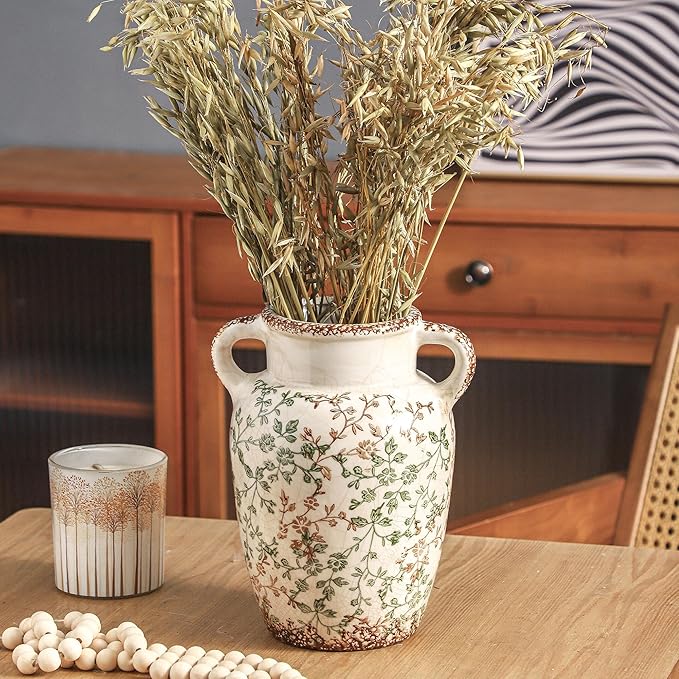 Enra Farmhouse Vintage vase with Handle,9.4 in Ceramic Chinoiserie Floral Vase,Green and Beige Decorative Flower vase,Large Rustic Vases for Home Decors, Living Room, Bookshelf, Office-VerdiqueGarden